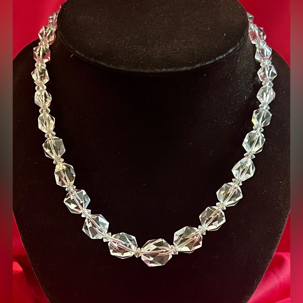 Vintage Graduated Faceted Crystal Glass Choker Necklace - 16.5" Sterling Clasp